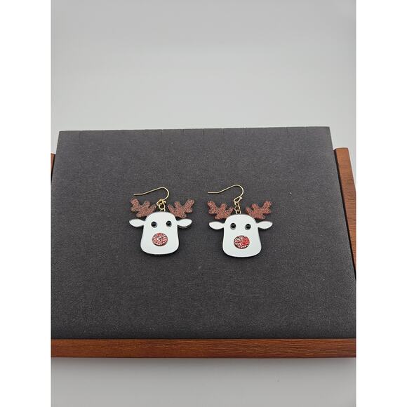 Glitter Silver Tone Mirror Reindeer Earrings Hook Style Dangle Drop Christmas - Picture 1 of 4